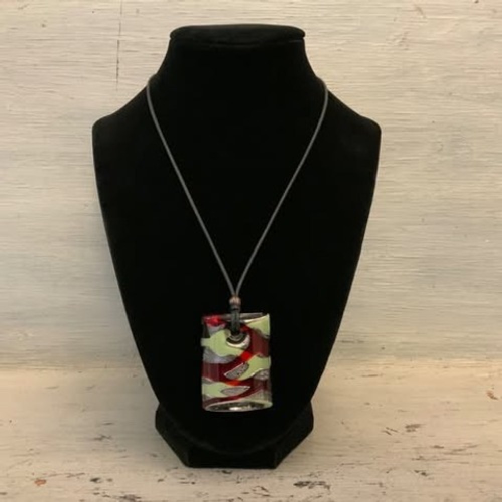 Green Red Silver Abstract Rectangular Glass‎ Stone Pendant Necklace GC